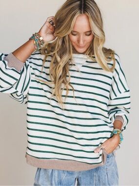Three Bird Nest Green & Cream Striped Pullover